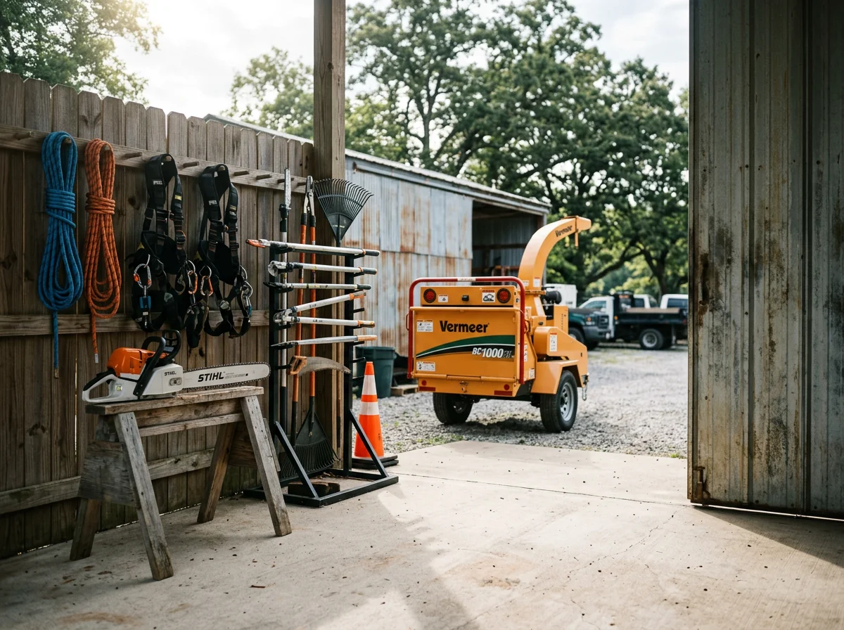 Professional tree care equipment and tools ready for service work on residential and commercial properties.