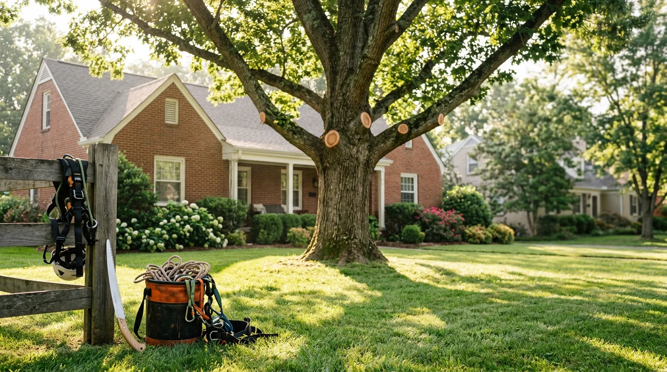 Arborist inspecting tree health and branch structure in Nashville yard