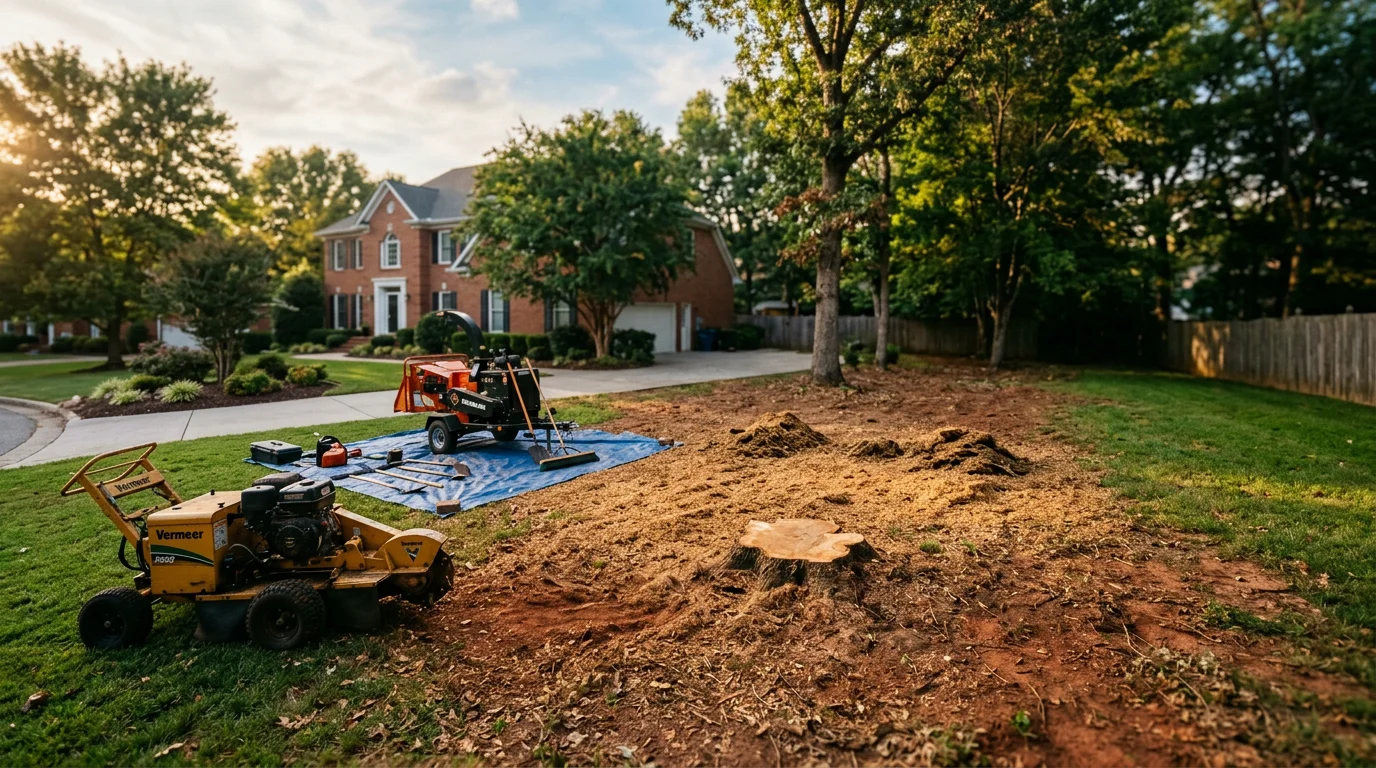 Professional arborist removing a large tree in Nashville residential yard