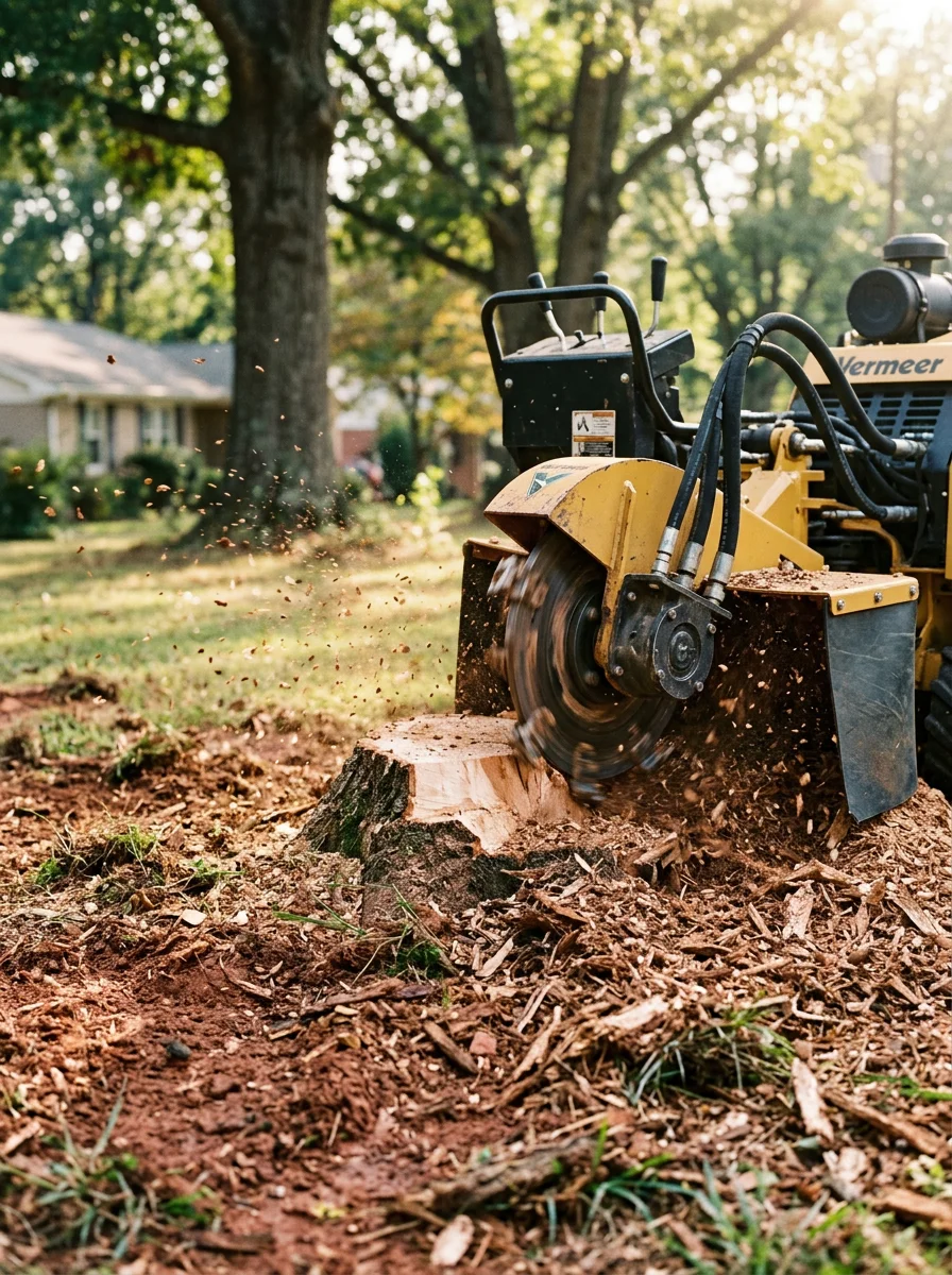 Close-up of a stump grinder working on a freshly cut tree stump in a Nashville, TN yard with clay soil visible around the base.