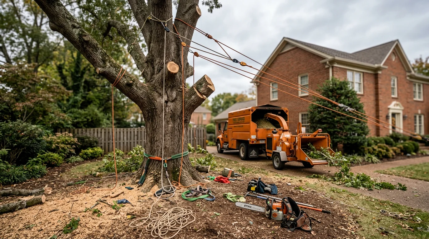 A large mature oak tree being sectionally removed by a crew in a residential Davidson County, TN backyard, with a brick home visible in the background.