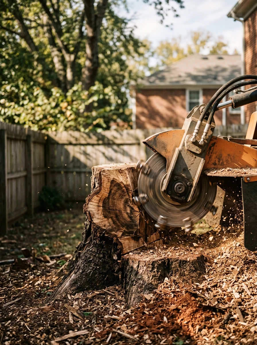 A close-up of a stump grinder working on a large oak stump in a Nashville, TN backyard, with wood chips and clay soil spread across the ground around the work area.