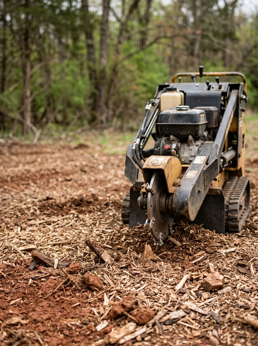 A stump grinder working on a large root system on a cleared lot in Murfreesboro, TN, with clay soil and wood chips spread across the ground.