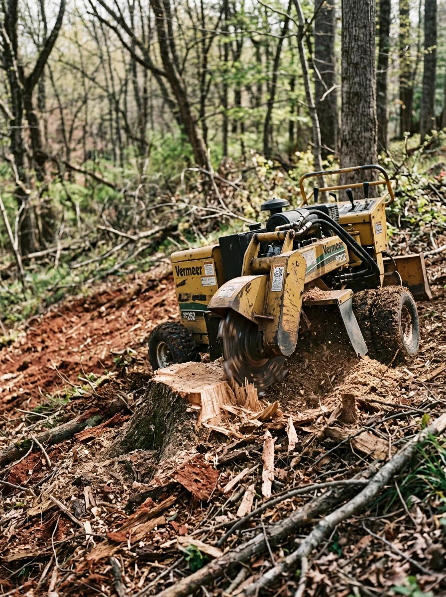 A stump grinder working on a freshly cut stump on a wooded hillside lot in Franklin, TN, with clay soil and tree debris visible around the work area.