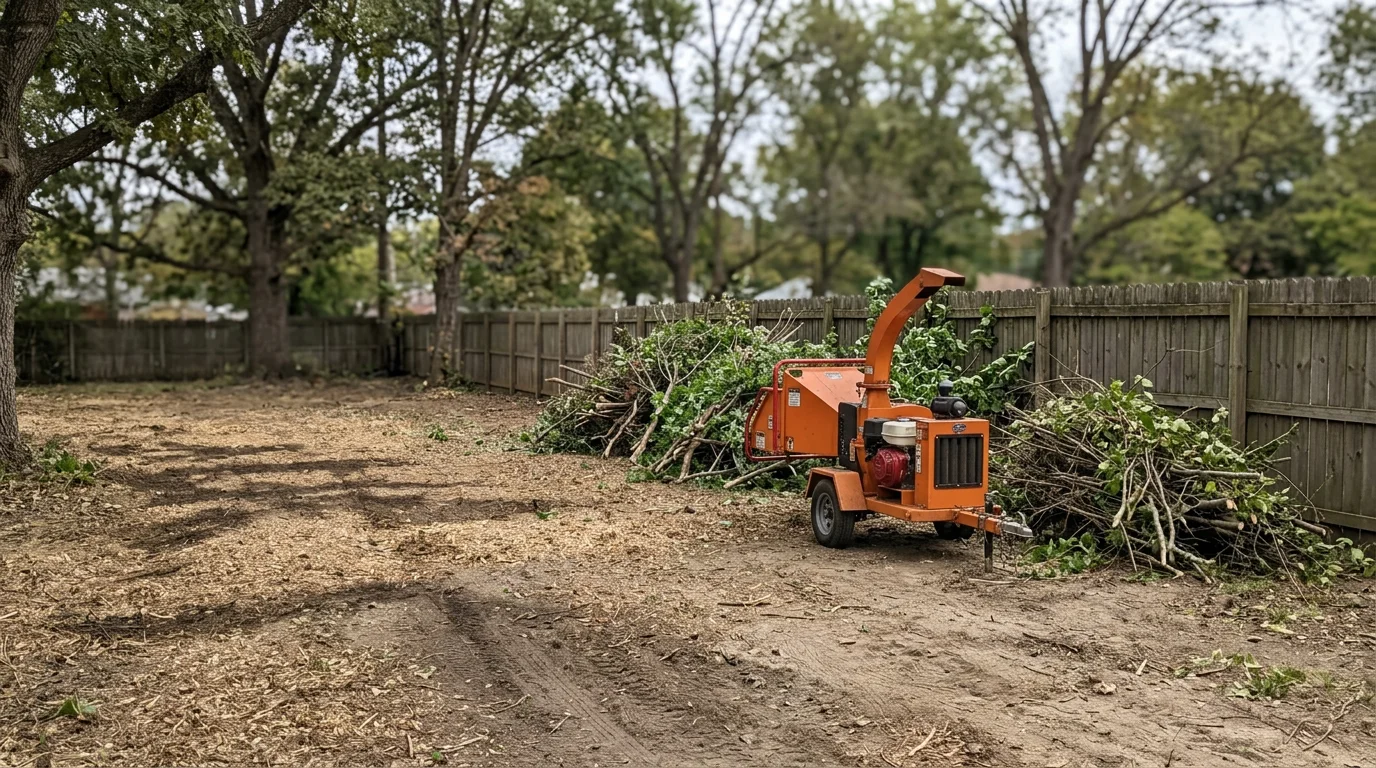 Overgrown brush and dense saplings cleared from a residential fence line in Davidson County, TN. The cleaned area shows open ground and a visible property boundary after vegetation removal.