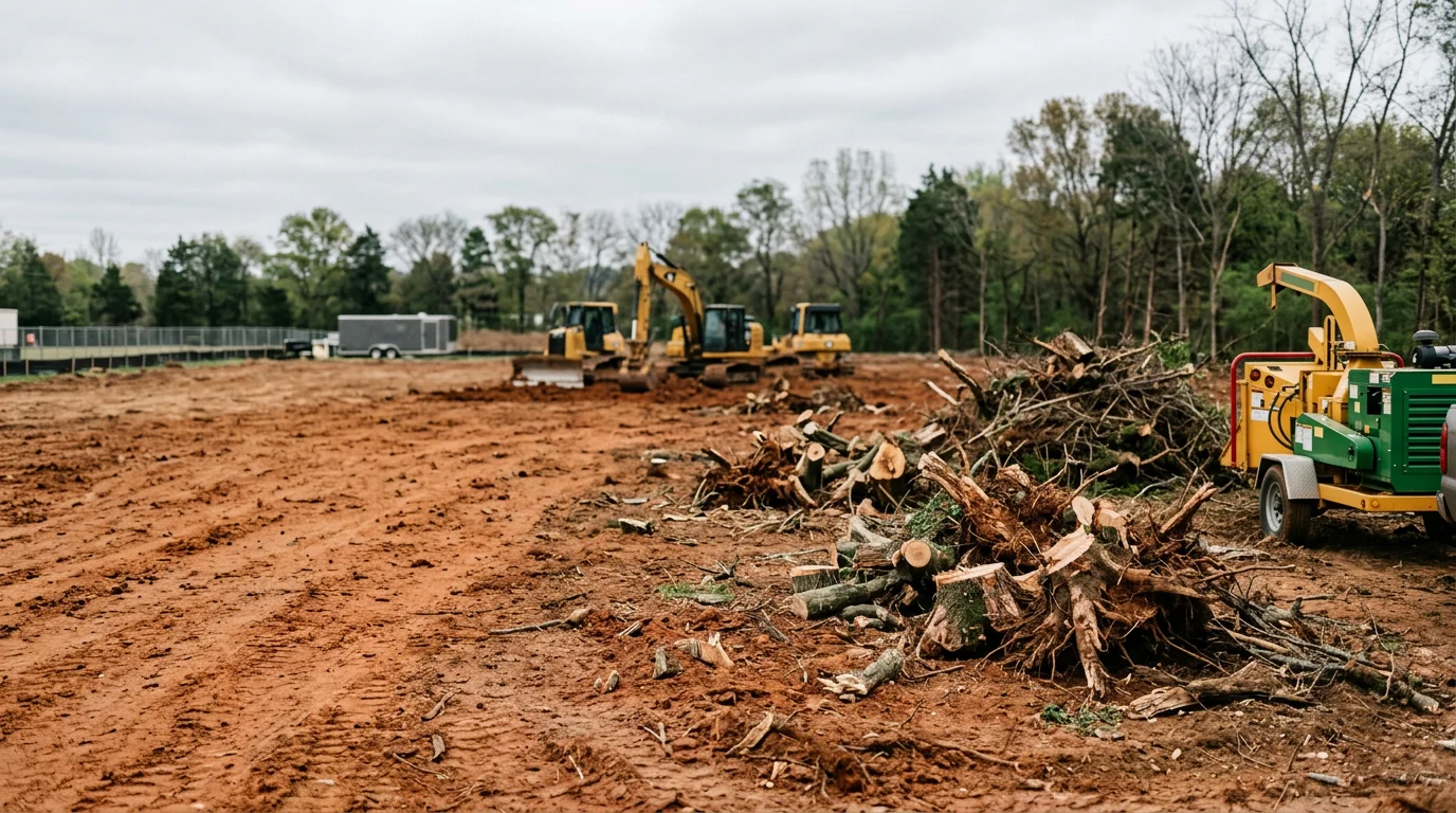 A cleared commercial lot in Davidson County, TN with trees and brush fully removed, leaving bare ground ready for construction. A wooded tree line remains at the property edge, showing the boundary of the cleared site.