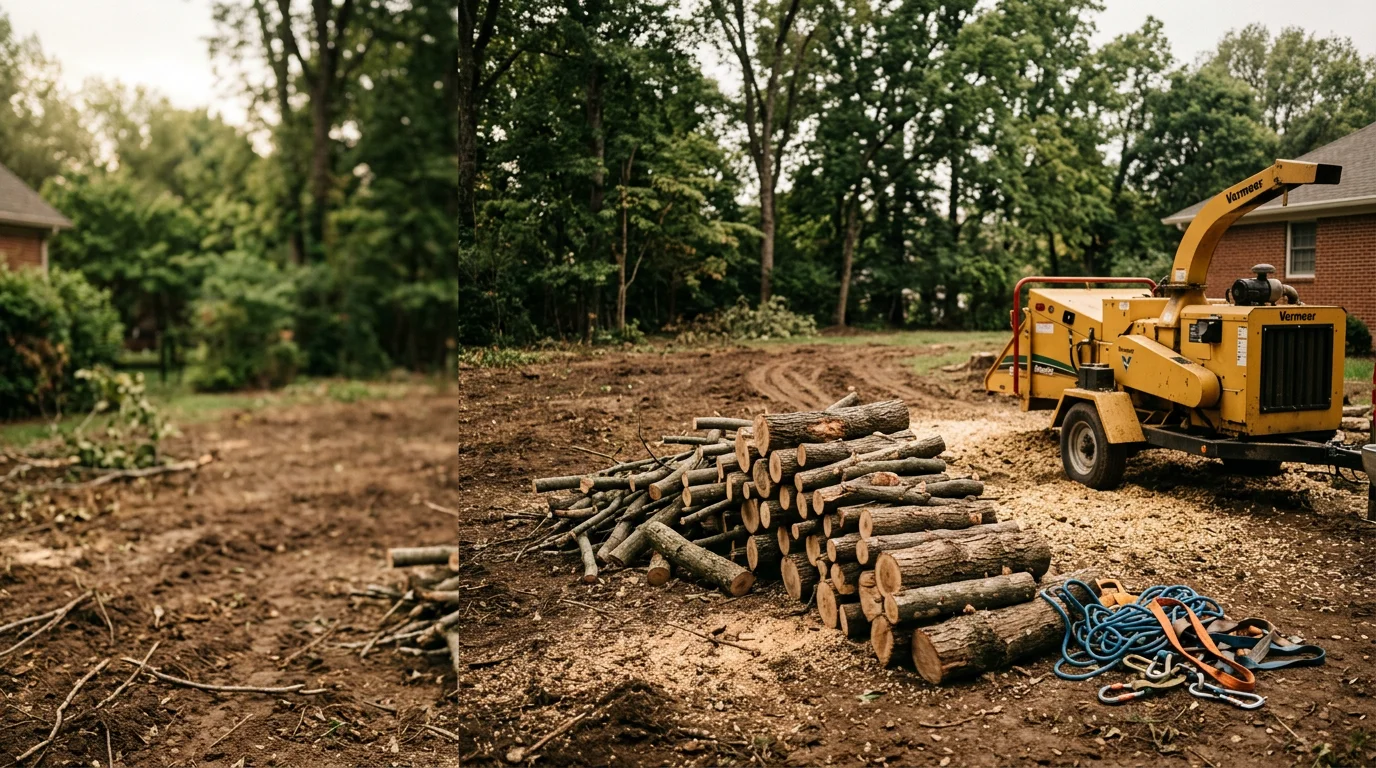 A large dead tree being sectioned and removed from a residential yard in Davidson County, TN, with bare, brittle branches and no foliage visible against a clear sky. A crew works carefully near the trunk to protect the home and fence line in the background.