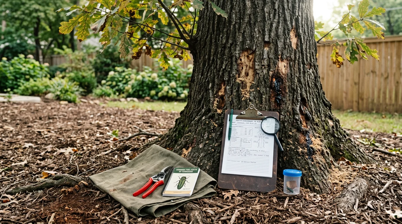 An arborist from Landtree LLC closely inspecting the bark and canopy of a mature ash tree on a residential property in Davidson County, Tennessee, checking for signs of Emerald Ash Borer damage and disease.