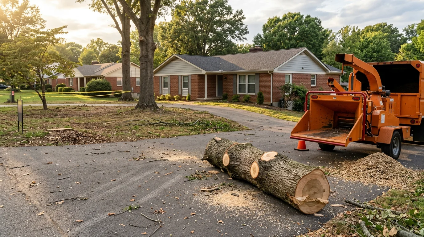 A large storm-damaged tree removed from a residential property in Davidson County, TN, with the cleared yard and intact home visible in the background. A Landtree LLC crew works to section and haul away the fallen trunk after a severe weather event.