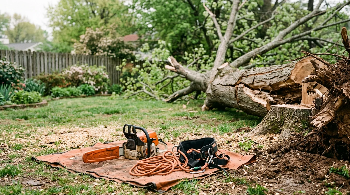 A large hazardous tree with a split trunk being removed in sections near a residential home in Davidson County, TN. An arborist works from above while the surrounding lawn and structure remain protected.
