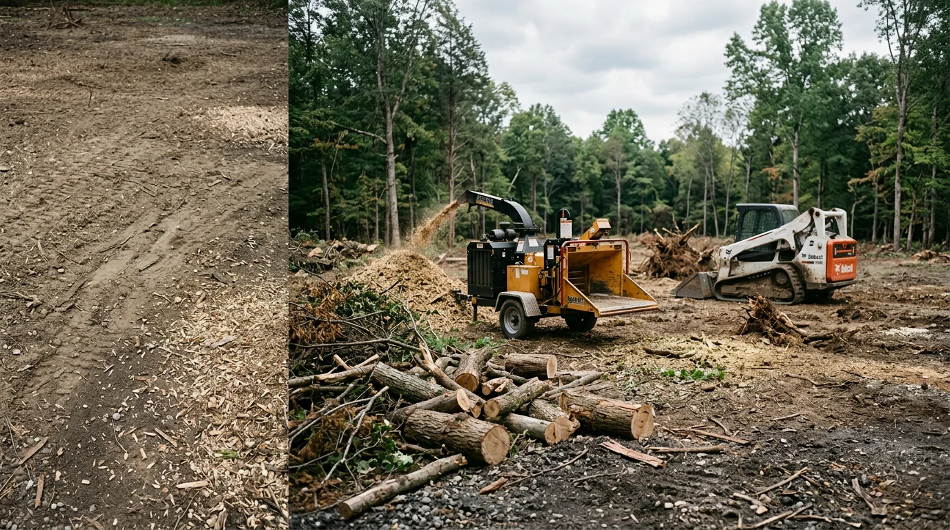 A Davidson County, TN property lot after professional land clearing, showing open ground with stumps and brush removed and surrounding tree line intact. Landtree LLC land clearing work in the Nashville area.