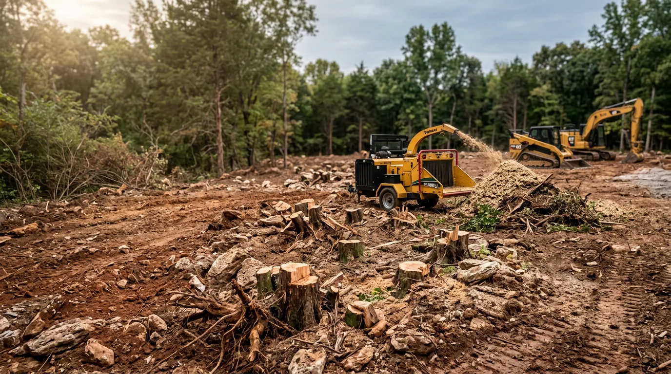 A residential lot in Davidson County, TN after land clearing, showing open ground with stumps and brush removed and the surrounding tree line intact. A Landtree LLC crew works in the background on a Nashville-area home property.