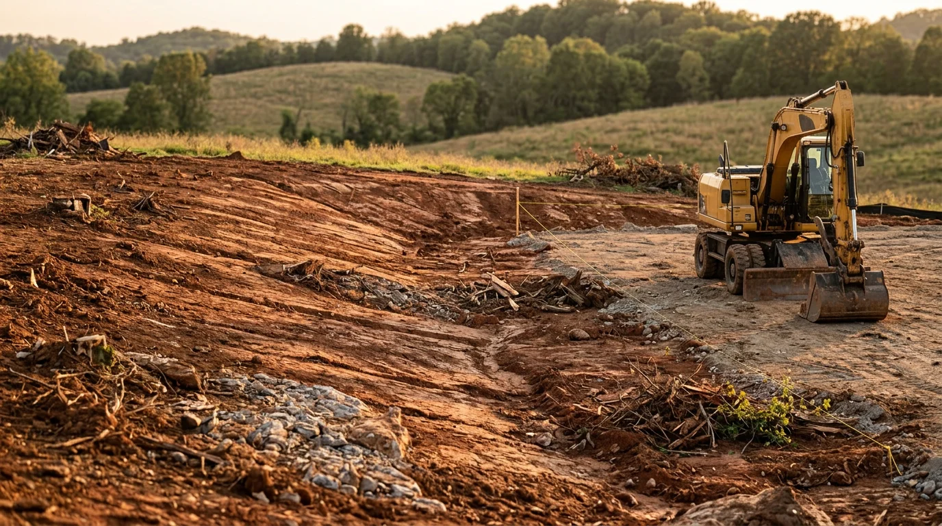 A graded and leveled lot in Davidson County, TN with exposed soil shaped for drainage and ready for construction. Rolling terrain in the background reflects the Nashville Basin landscape typical of the area.