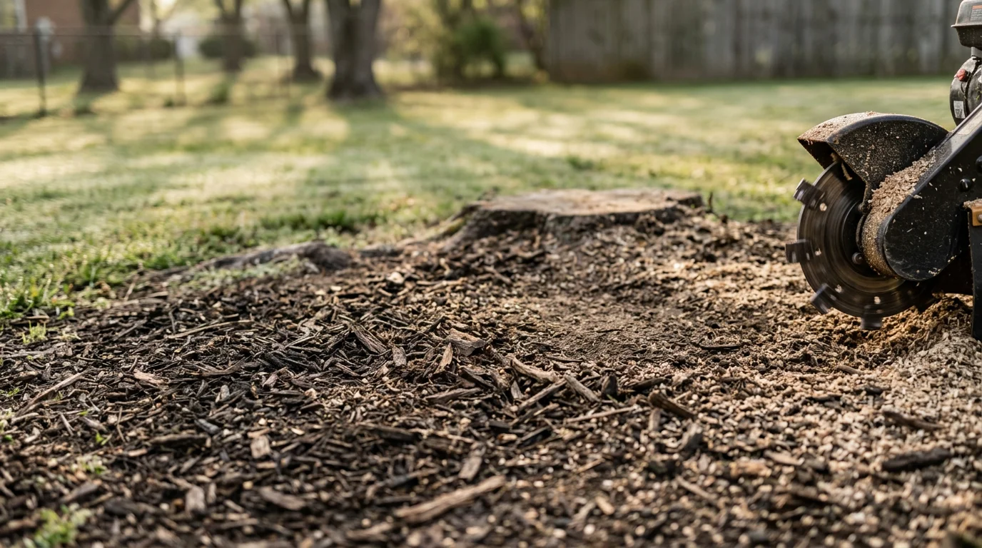 A freshly ground tree stump in a Davidson County, TN residential backyard, with wood chips filling the leveled hole and surrounding lawn visible. A stump grinding machine is positioned nearby on the grass.