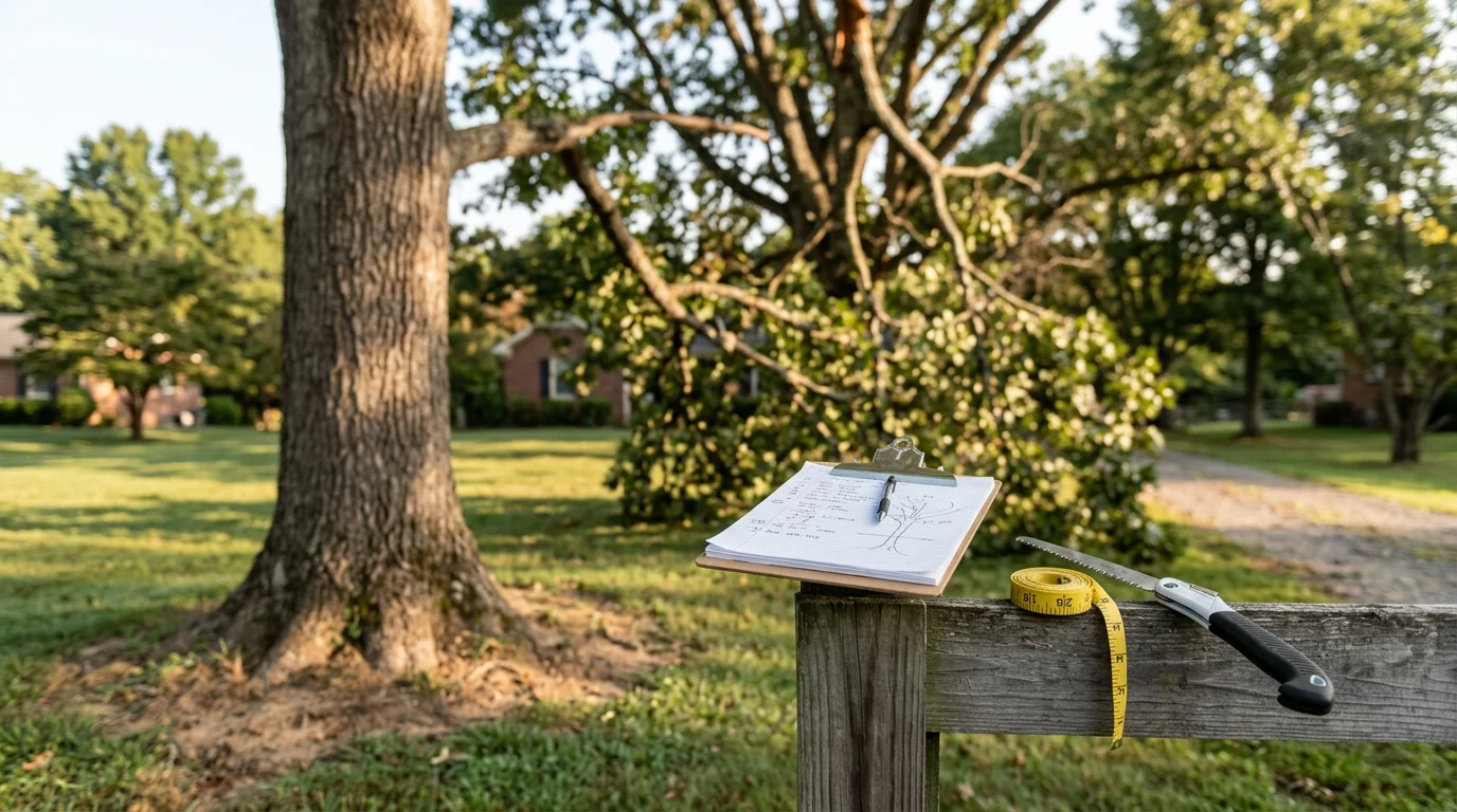 A tree care professional from Landtree LLC examining the trunk and canopy of a mature tree on a residential property in Davidson County, TN. The arborist points out a structural concern to the homeowner during an on-site consultation.