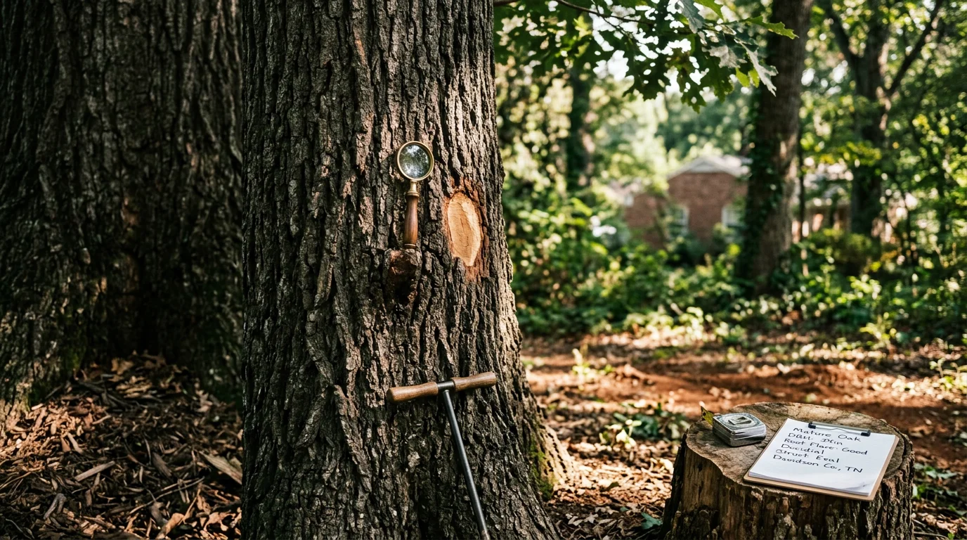 An arborist from Landtree LLC examining the trunk and bark of a mature tree on a residential property in Davidson County, TN. The inspection focuses on visible signs of decay, structural defects, and pest damage common to Middle Tennessee trees.