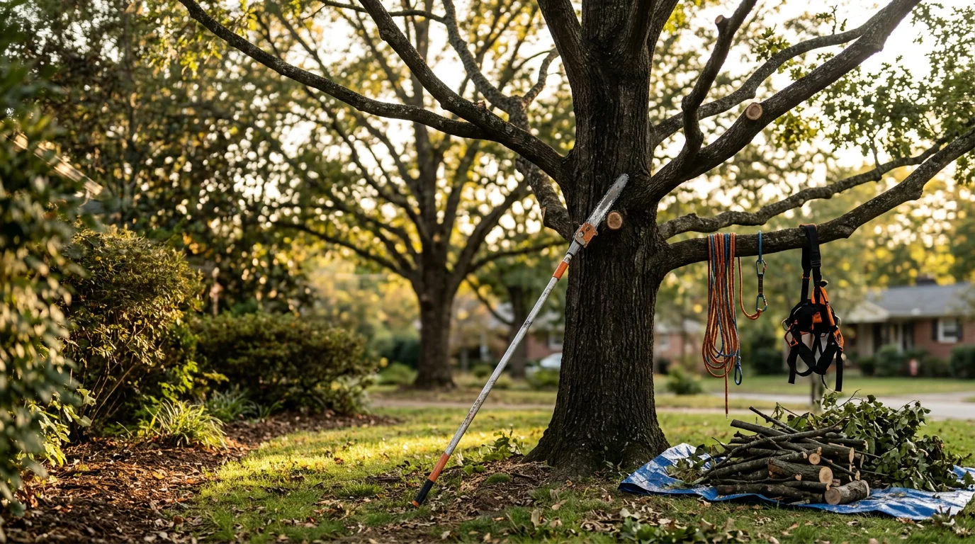 An arborist from Landtree LLC pruning the upper canopy of a mature tulip poplar on a residential property in Davidson County, TN. Freshly cut branches lie on the ground below while the tree's main structure remains intact.