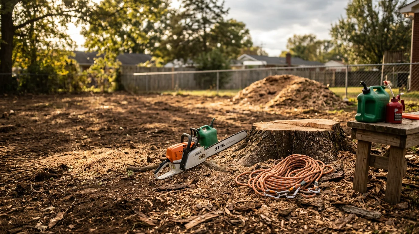 A large tree being removed in a residential yard in Davidson County, Tennessee, with cut sections on the ground and a cleared space where the tree once stood near a home.