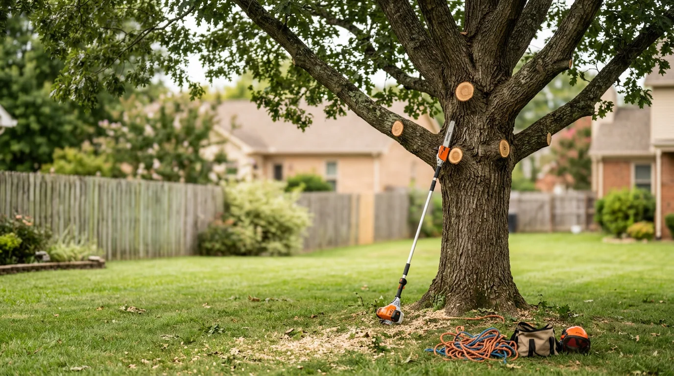 A tree trimming crew removing large overhanging branches from a mature shade tree in a Davidson County, TN residential yard. Trimmed limbs are cleared away from the home's roofline, leaving a clean, balanced canopy.